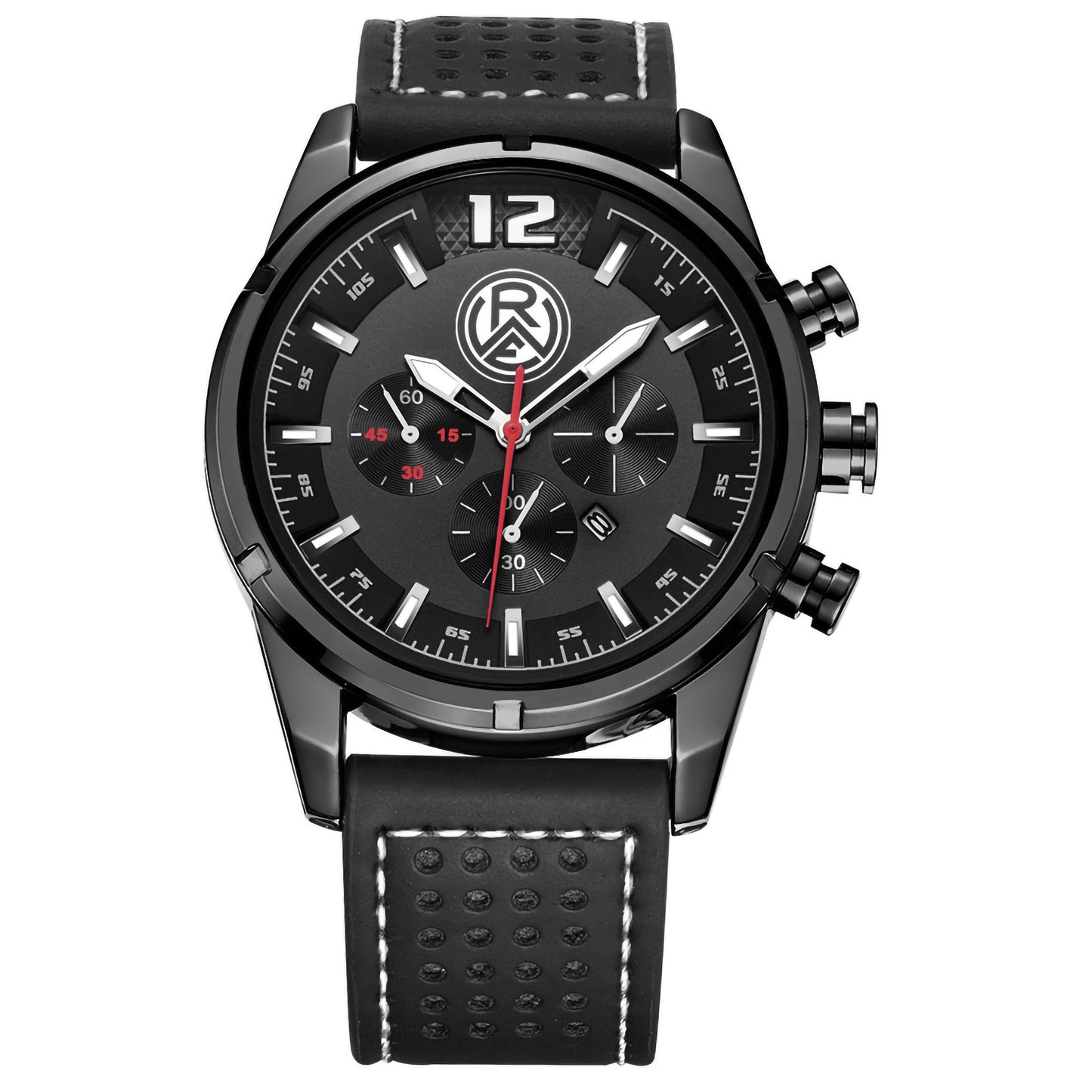 Sportlicher Herrenchronograph in 46mm schwarzglänzend | Stoppfunktionfür 60 Sekunden / 60 Minuten, 24 Stundenanzeige und Datumanzeige | schwarzes Effektzifferblatt mit Logoaufdruck und 45Minuteneinteilung zum Stoppen einer Halbzeit stoßfestes Mineralglas | 3 ATM Wasserdicht | perforiertes, schwarzes Echtlederarmband mit Kontrastnaht und Edelstahlschließe Edelstahluhrenboden