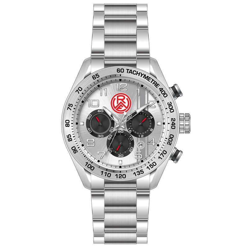 Sportlicher Herrenchronograph in silber: 44mm mit Tachymetertopring, Stoppfunktionund Datumanzeige | Effektzifferblatt mit Logoaufdruck stoßfeste Mineralglaslinse | 3 ATM Wasserdicht | solides Edelstahlarmband mit Sicherheitsfaltschließe z.T. gebürstet | Edelstahluhrenboden