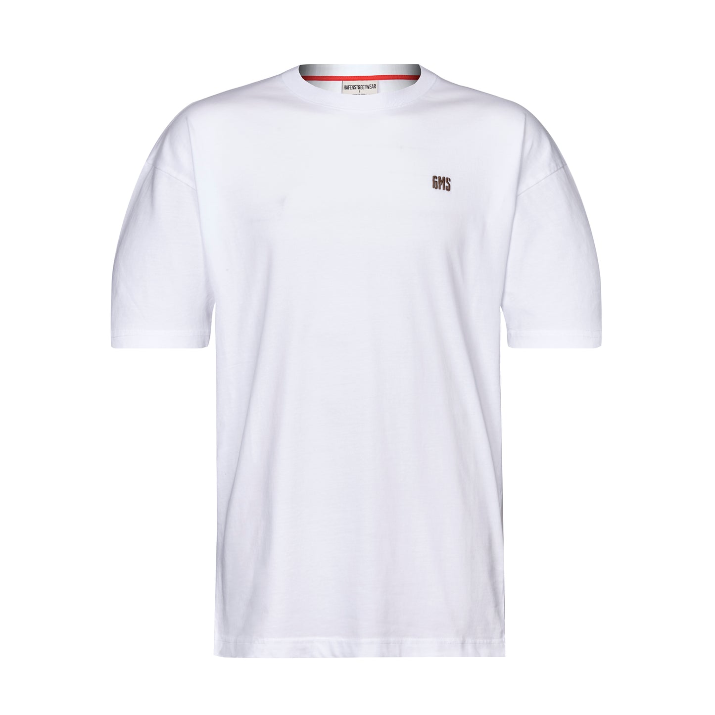 Weißes Oversize T-Shirt mit goldenem GMS Stick auf linker Brust