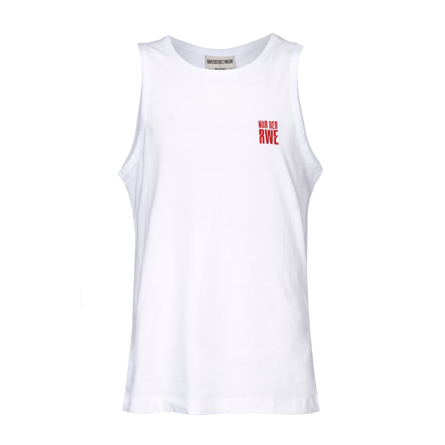 Weißes schllchtes Tanktop mit vereinsroter "NUR DER RWE"-Stickerei auf der linken Brust