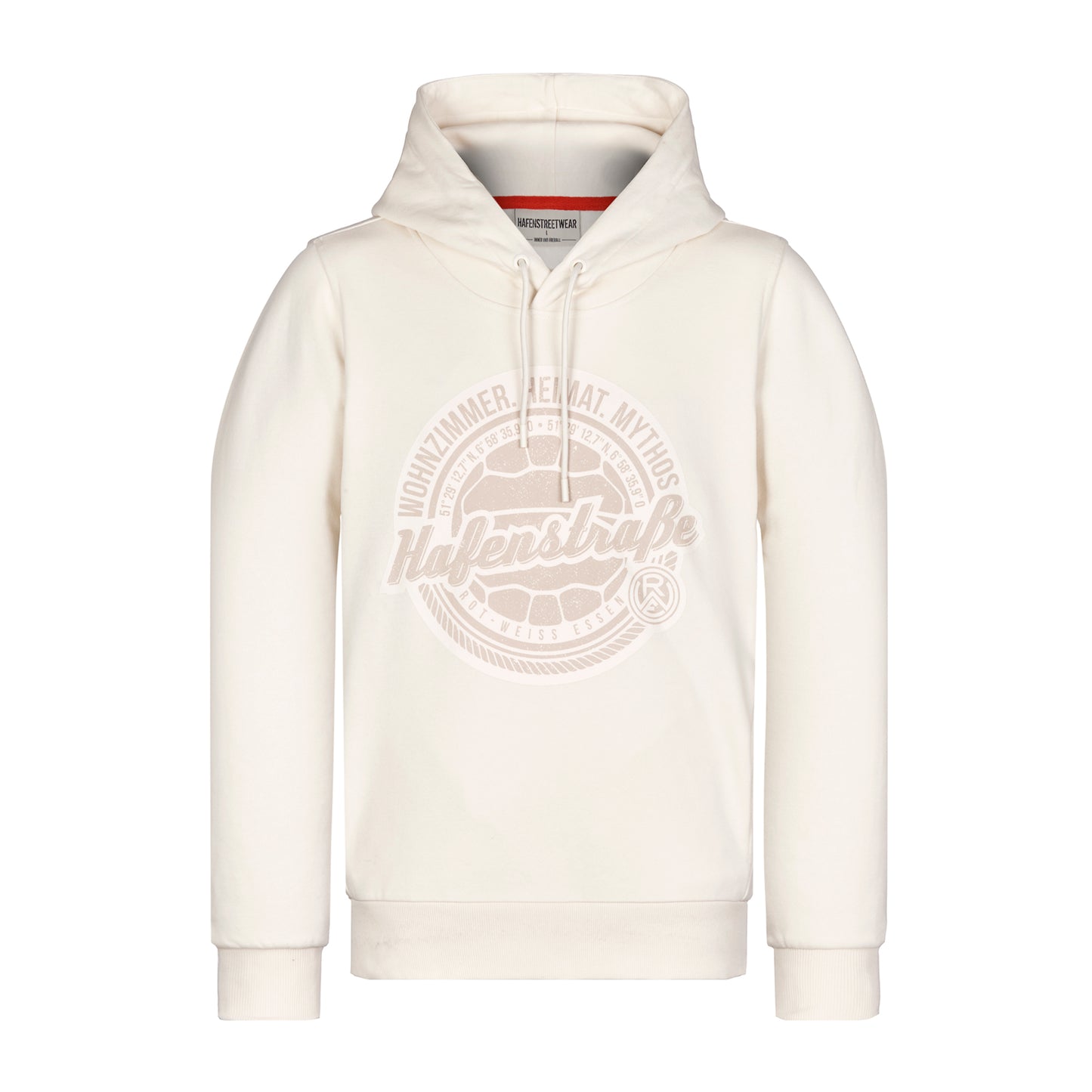 Cremefarbenen Kapuzenpulli mit seitlichen Eingrifftaschen, Kordeln, rotem Nackenband und großem Druck auf der Brust