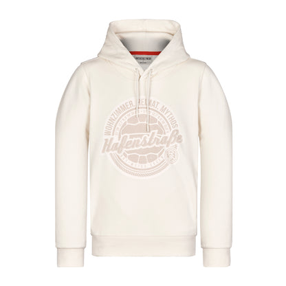 Cremefarbenen Kapuzenpulli mit seitlichen Eingrifftaschen, Kordeln, rotem Nackenband und großem Druck auf der Brust