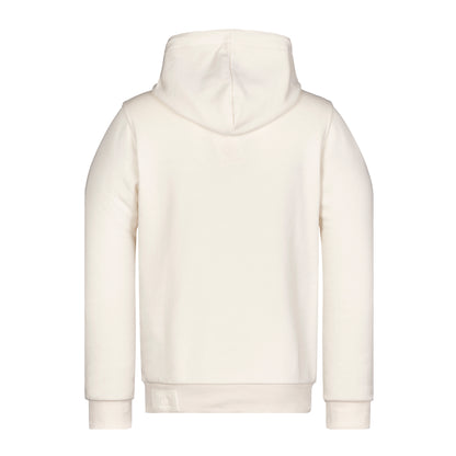 Rückansicht cremefarbener Kapuzenpulli "Stempel" mit Gummi Patch auf Rippe unten links, ansonsten clean.