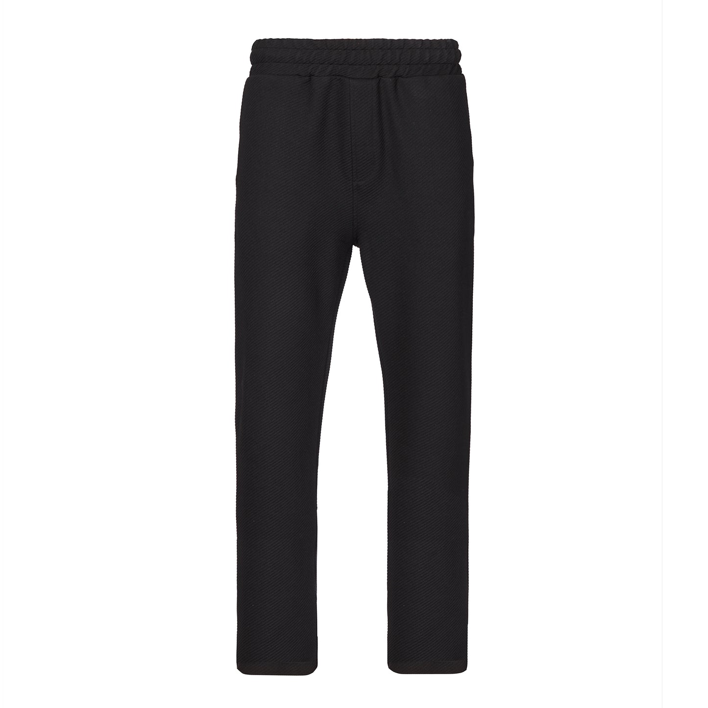 Schwarze Hose aus Sweatstoff mit geradem Bein, Bund mit innenliegendem Kordelzug, schnürbar, mit seitlichen Eingrifftaschen und einer Leistentasche hinten rechts