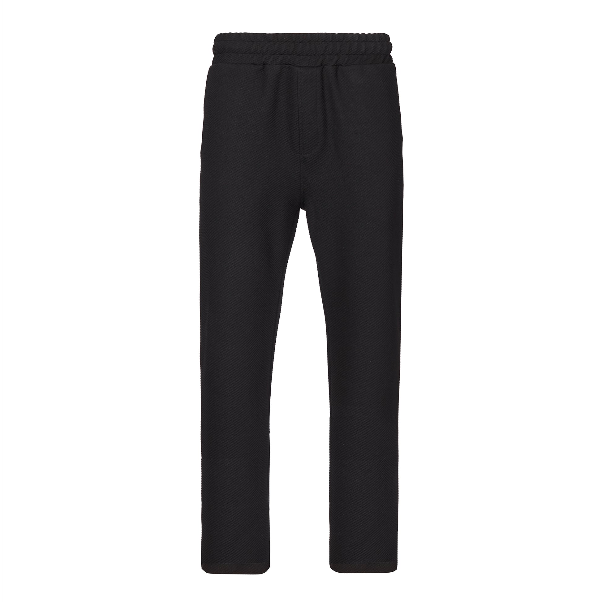 Schwarze Hose aus Sweatstoff mit geradem Bein, Bund mit innenliegendem Kordelzug, schnürbar, mit seitlichen Eingrifftaschen und einer Leistentasche hinten rechts