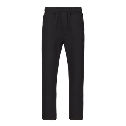 Schwarze Hose aus Sweatstoff mit geradem Bein, Bund mit innenliegendem Kordelzug, schnürbar, mit seitlichen Eingrifftaschen und einer Leistentasche hinten rechts