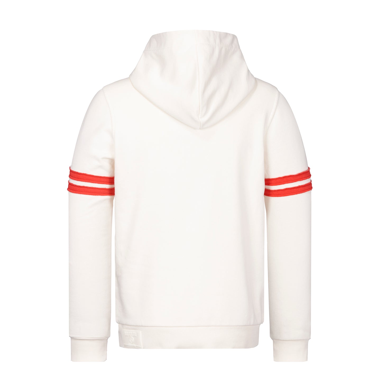 Rückansicht Style 2551 Hoodie "College"; rote Streifen am Oberarm zu sehen und cremefarbenes Gummi-Patch