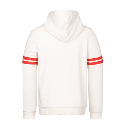 Rückansicht Style 2551 Hoodie "College"; rote Streifen am Oberarm zu sehen und cremefarbenes Gummi-Patch