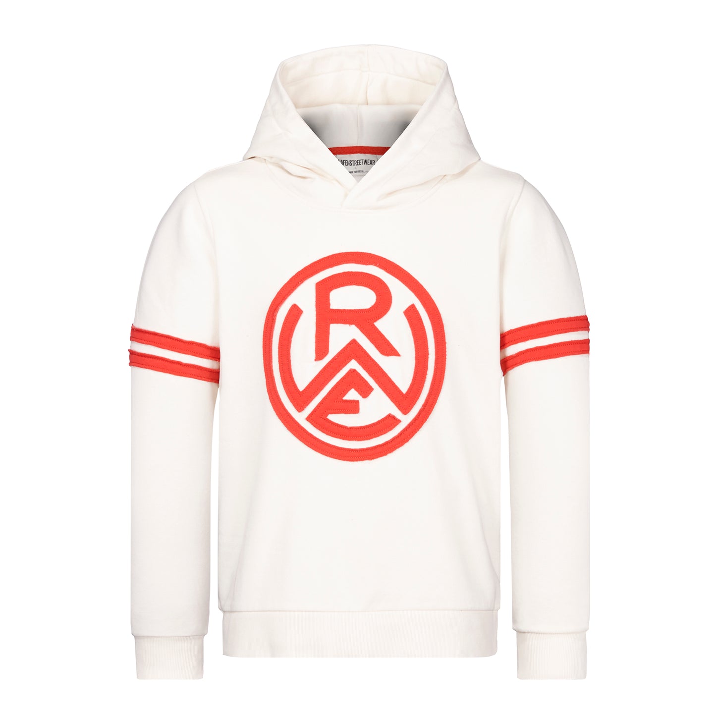 cremefarbener Kapuzenhoodie, ohne Kordeln, mit matching Gummi-Patch hinten links auf dem Rippsaum; mit zwei roten Stoffstreifen je Oberarm und großen rotem RWE Stofflogo auf der Brust