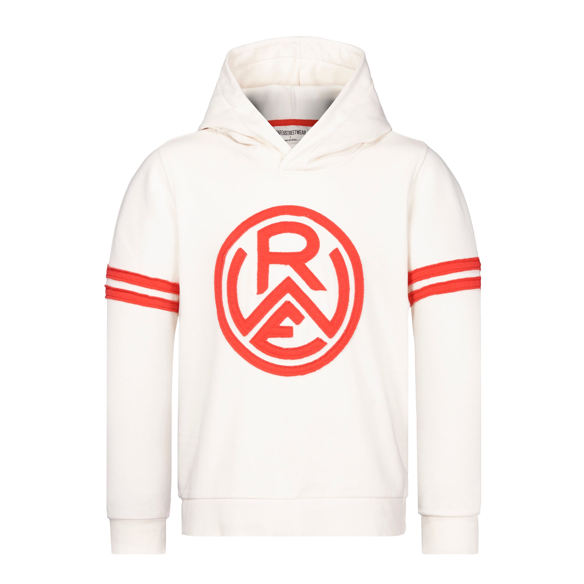cremefarbener Kapuzenhoodie, ohne Kordeln, mit matching Gummi-Patch hinten links auf dem Rippsaum; mit zwei roten Stoffstreifen je Oberarm und großen rotem RWE Stofflogo auf der Brust