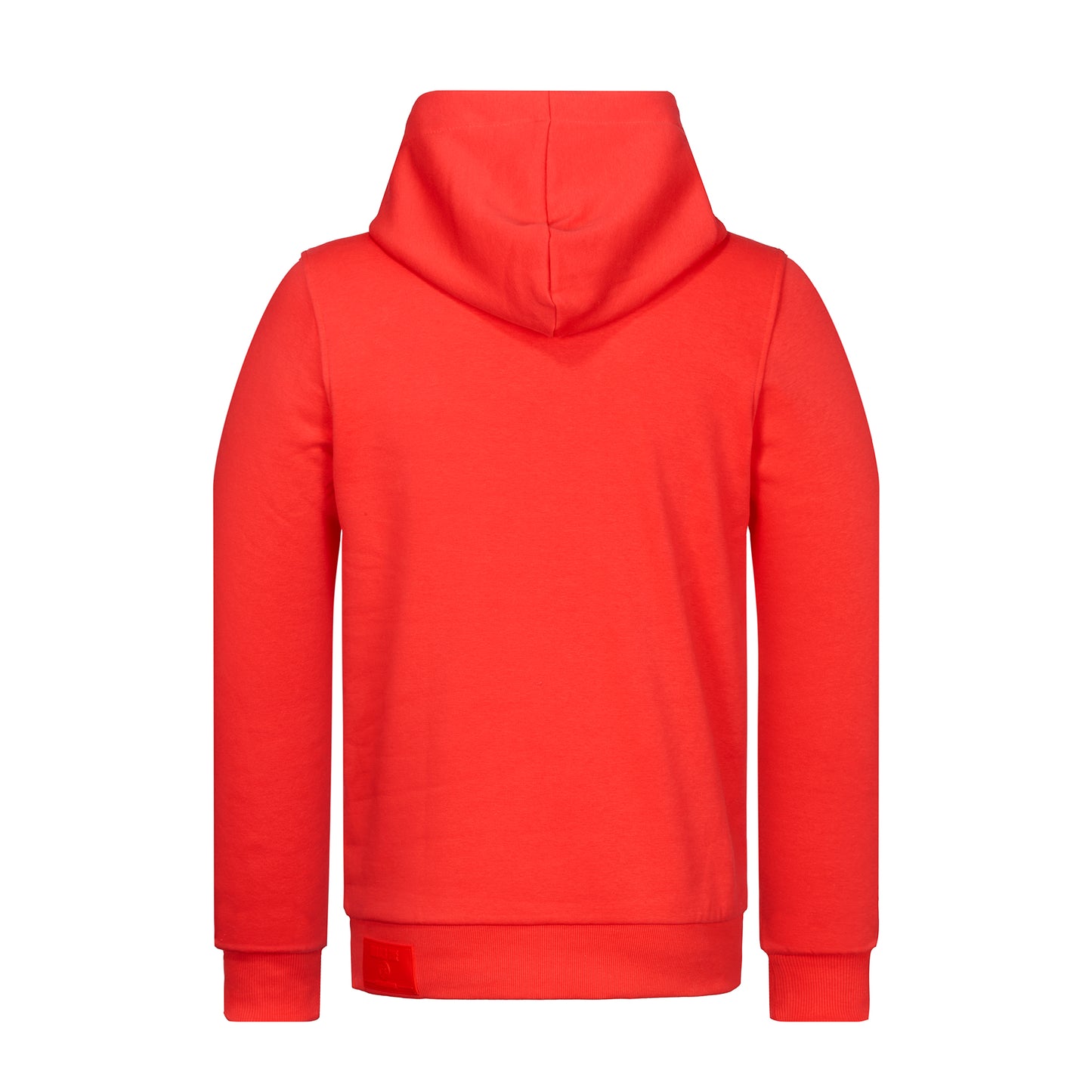 Style 2550 Hoodie "Mythos" rot von hinten abgebildet; Gummi-Patch sichtbar, Kapuze runtergeschlagen