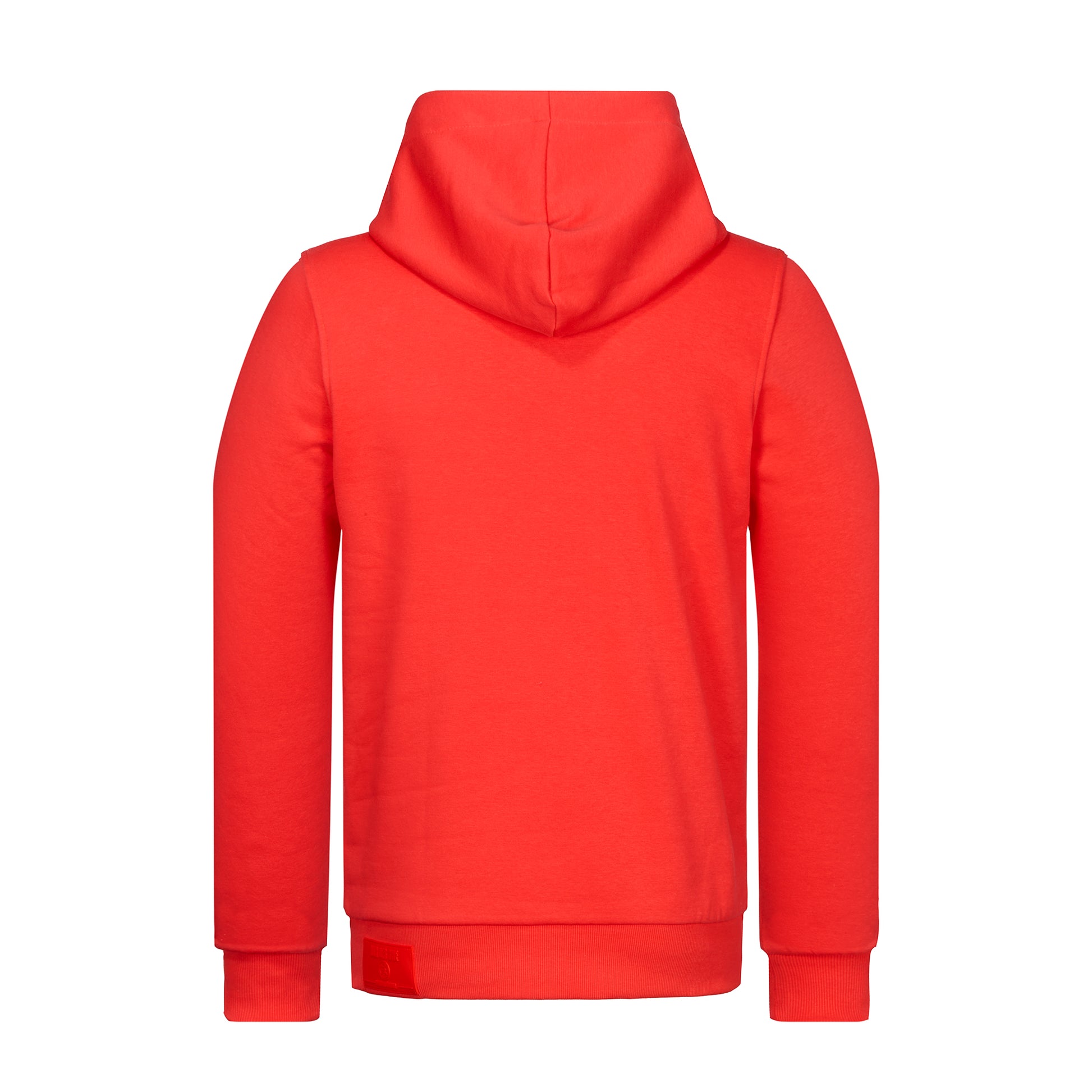 Style 2550 Hoodie "Mythos" rot von hinten abgebildet; Gummi-Patch sichtbar, Kapuze runtergeschlagen