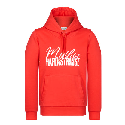 Roter Rot-Weiss Essen Hoodie mit Kangarootasche, Ton-in-Ton Kordeln und Kordelenden, sowie rotes Gummi-Patch hinten links; mit weißem Mythos Hafenstrasse Druck zentriert auf Brust