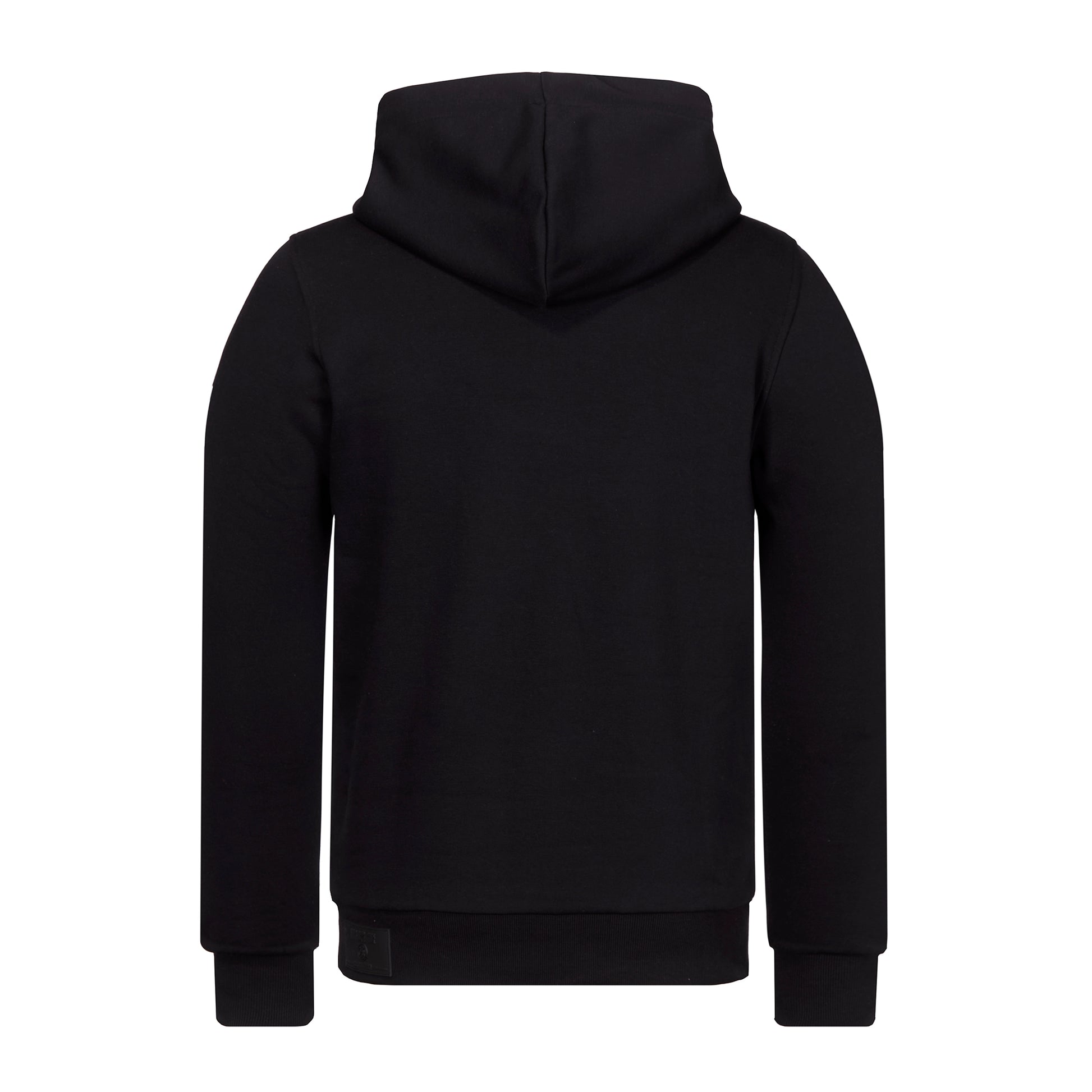 Rückansicht 2553 Hoodie "NUR DER RWE"; Gummi-Patch hinten links am Rippsaum