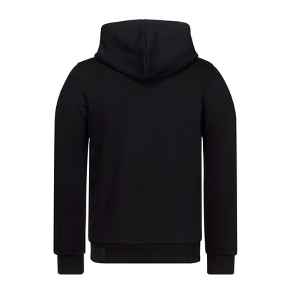 Rückansicht 2553 Hoodie "NUR DER RWE"; Gummi-Patch hinten links am Rippsaum