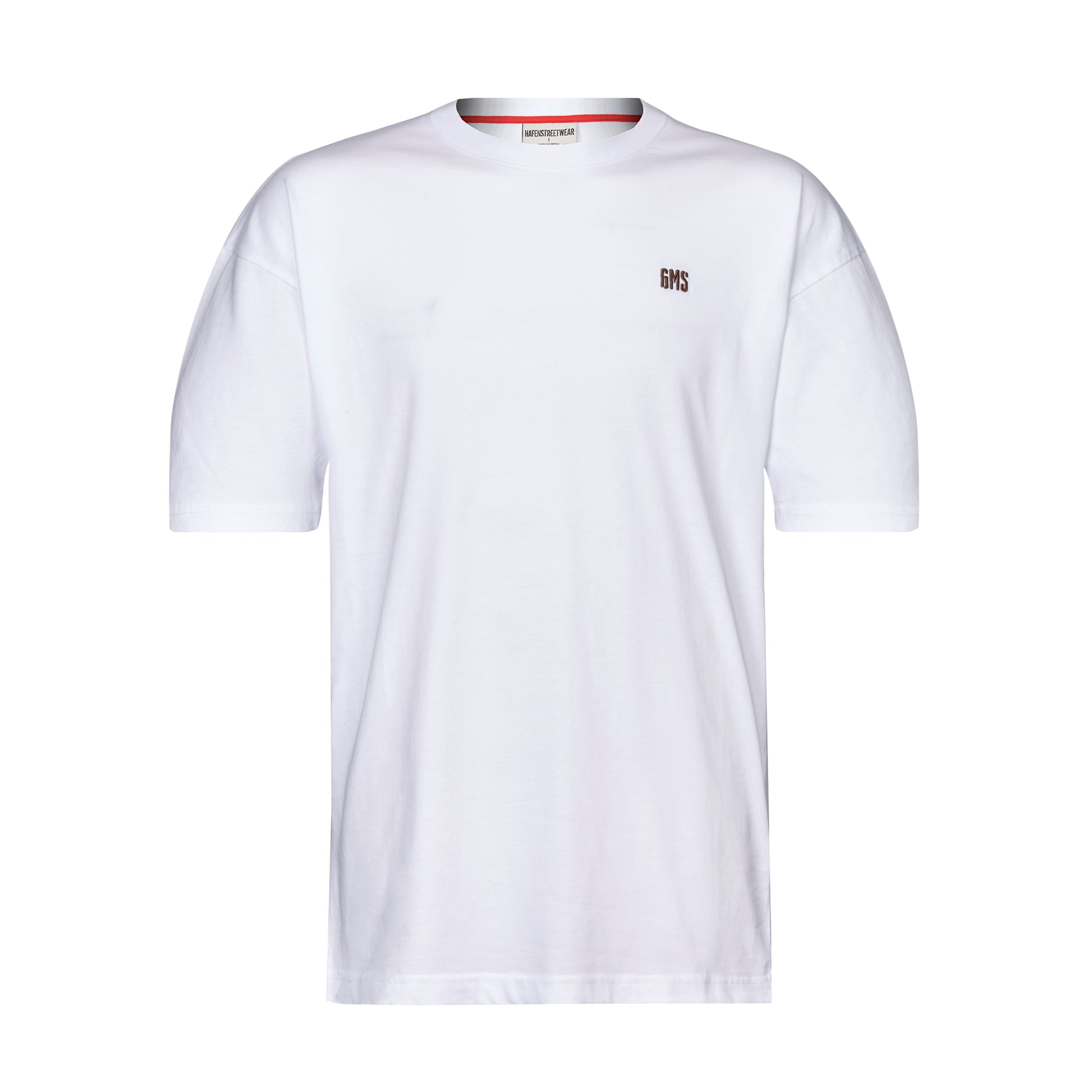 Weißes Oversize T-Shirt mit goldenem GMS Stick auf linker Brust