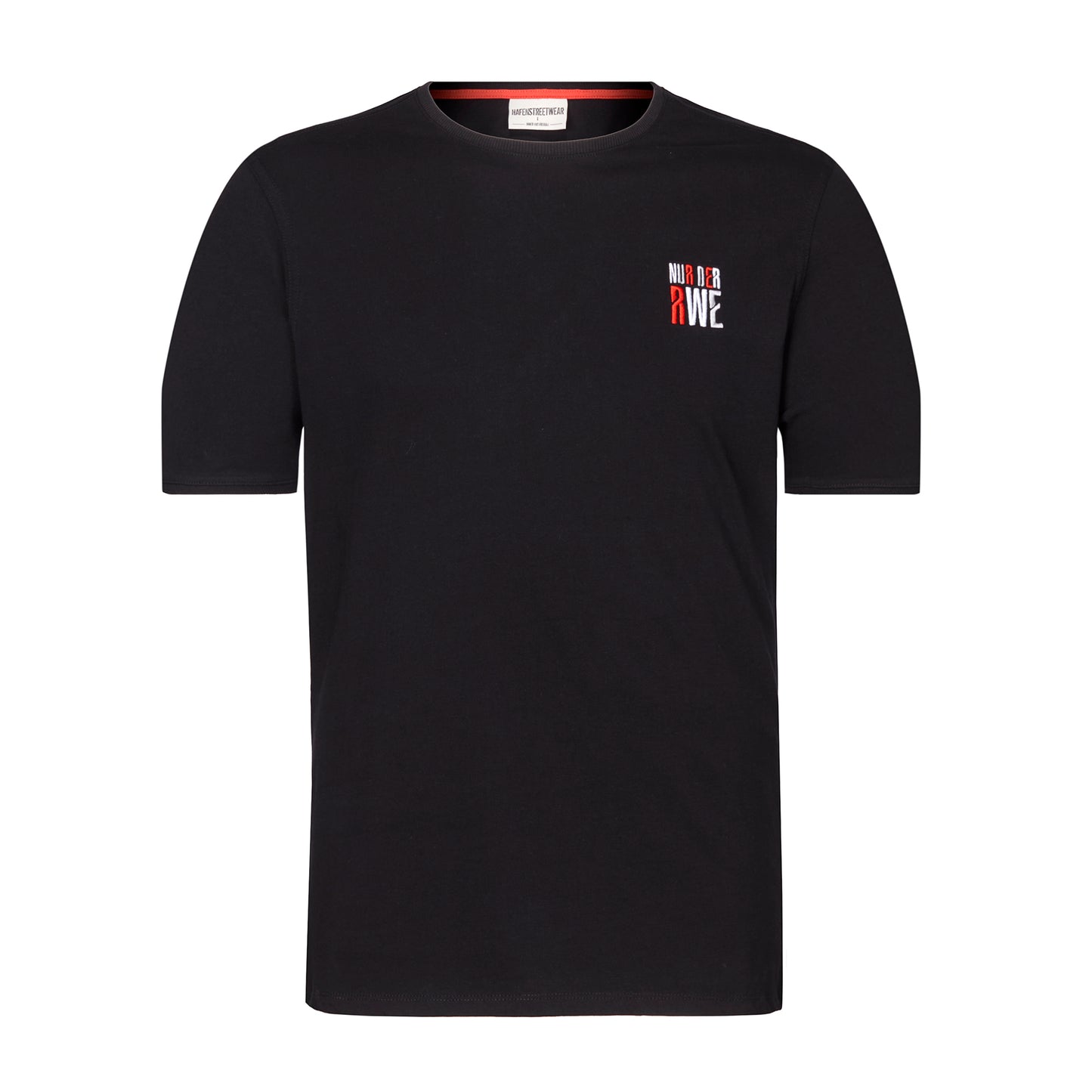 Schwarzes Regular Fit T-Shirt mit rot-weiß-grauer "NUR DER RWE"-Stickerei auf Herzseite und rotem Nackenband
