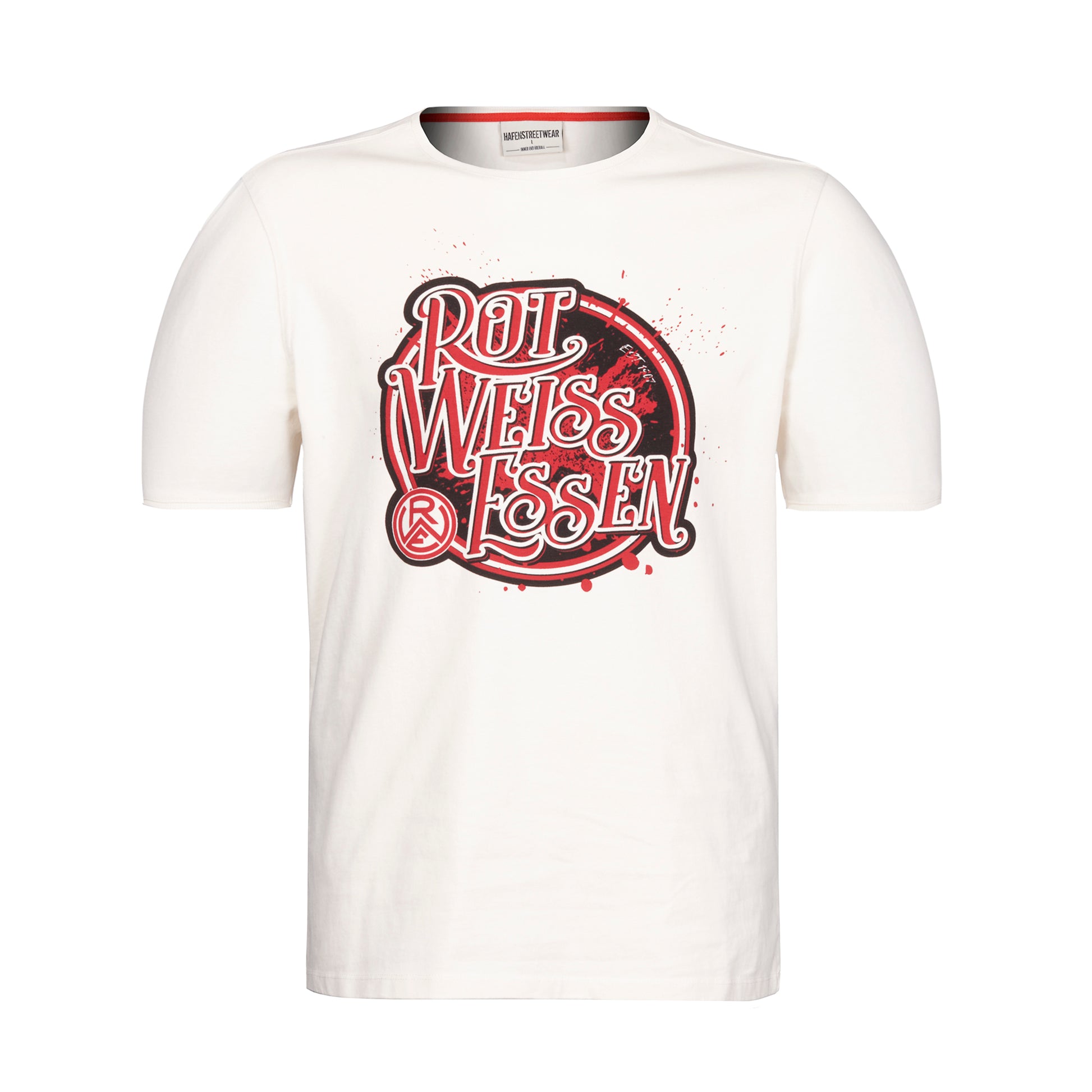 Cremefarbenes T-Shirt im Regular Fit mit Rippbündchen an Ausschnitt und Ärmeln, rotem Nackenband und Retro Druck auf Brust