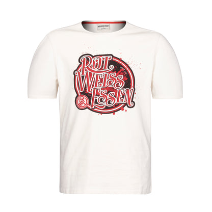 Cremefarbenes T-Shirt im Regular Fit mit Rippbündchen an Ausschnitt und Ärmeln, rotem Nackenband und Retro Druck auf Brust