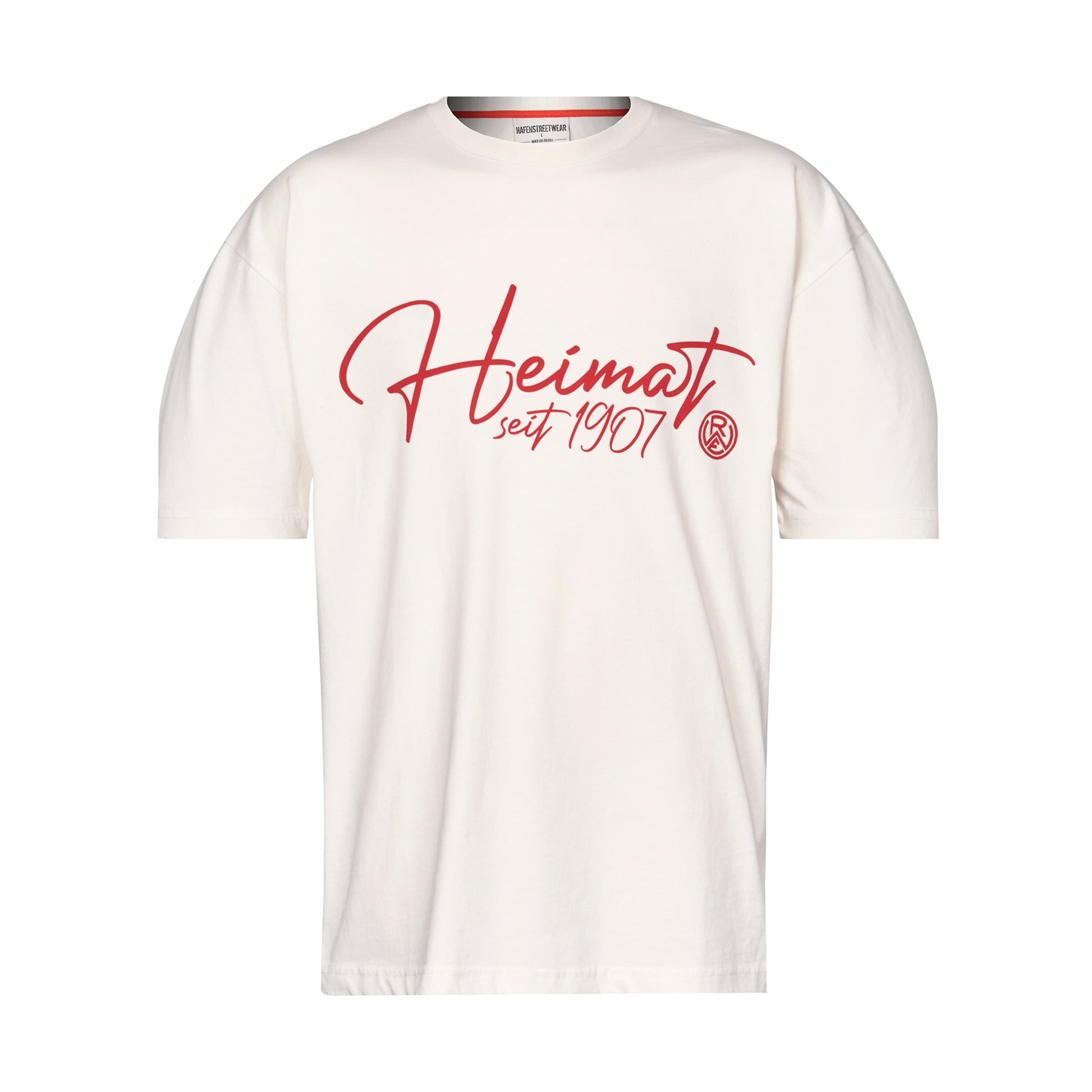 Cremefarbenes Oversize T-Shirt mit einem roten "Heimat seit 1907"-Druck mittig auf der Brust, inkl. Rot-Weiss Essen Logo
