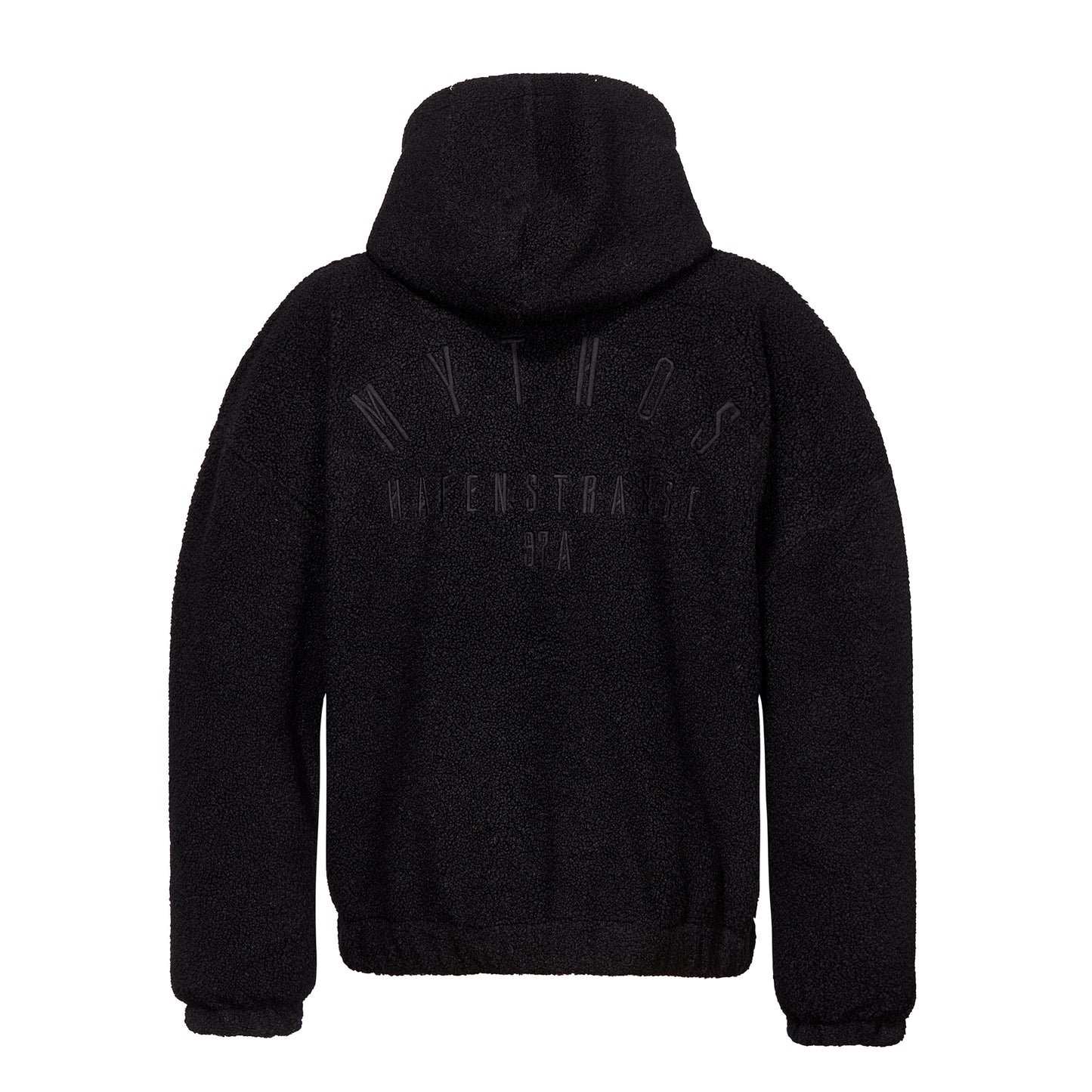 Rückansicht: Schwarzer Teddy-Hoodie mit großer Kapuze, großer Stickerei auf dem Rücken und Gummizügen an den Ärmelsäumen