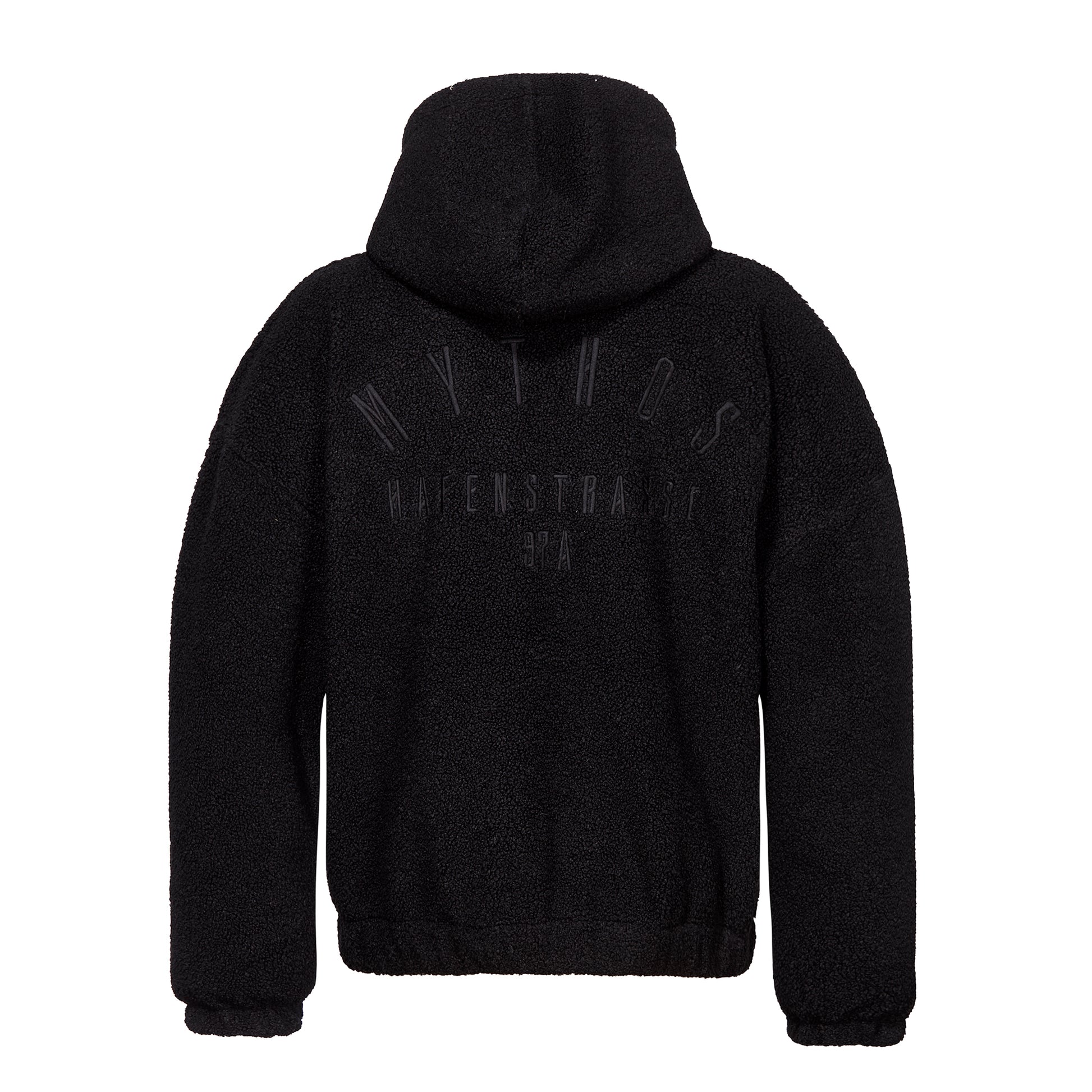 Rückansicht: Schwarzer Teddy-Hoodie mit großer Kapuze, großer Stickerei auf dem Rücken und Gummizügen an den Ärmelsäumen