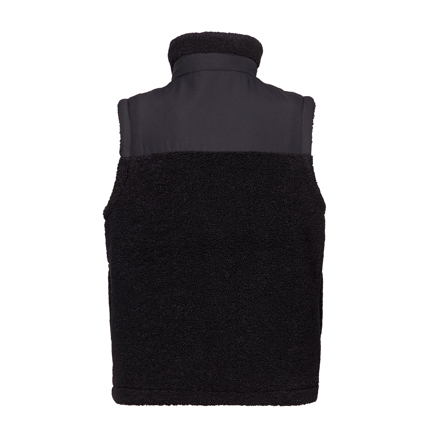 Rückansicht: Schwarze Teddy-Weste mit hohem Stehkragen mit glattem Kontraststoff-Detail, Kontraststoff-Passe auf oberen Rücken, ansonsten schlicht.