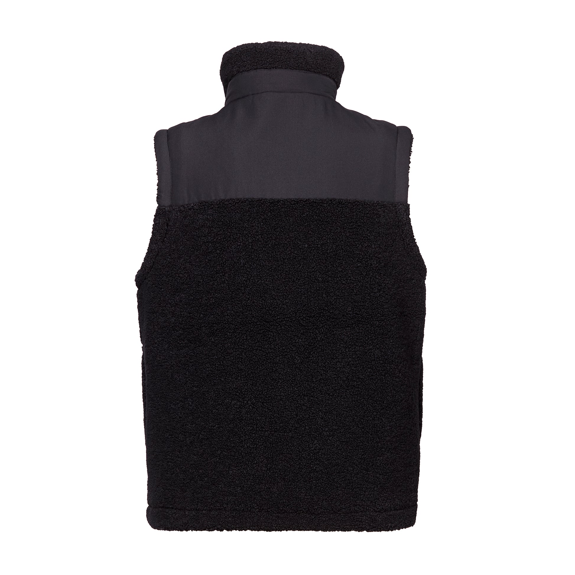 Rückansicht: Schwarze Teddy-Weste mit hohem Stehkragen mit glattem Kontraststoff-Detail, Kontraststoff-Passe auf oberen Rücken, ansonsten schlicht.