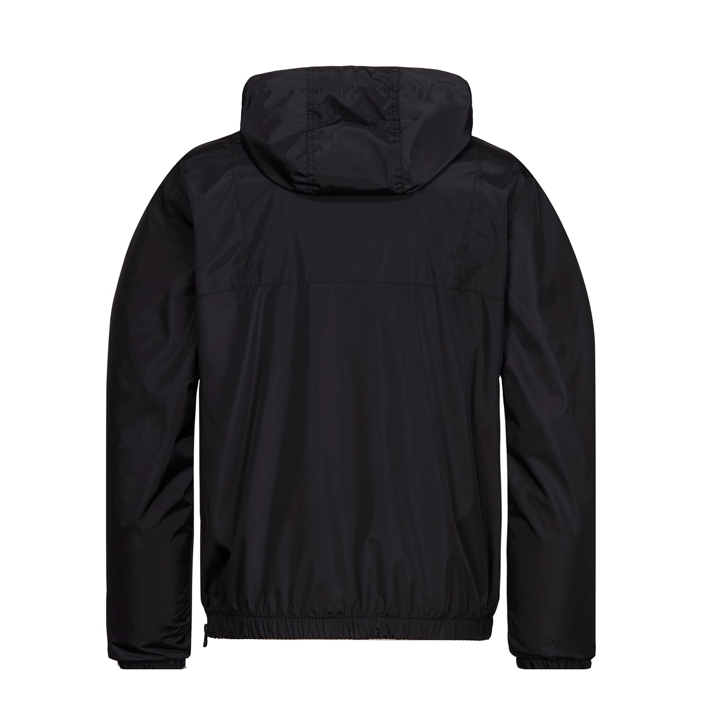 Rückansicht: Schwarzer Rot-Weiss Essen Windbreaker mit Kapuze mit Gummizug und Stopper, Halfzip und seitlichem Zipper, Gummizüge an den Ärmelsäumen, hinten ansonsten schlicht außer Teilungsnähte auf Passe