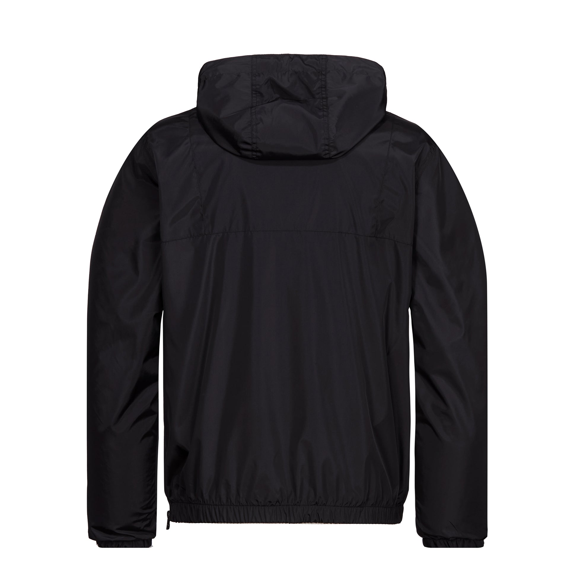 Rückansicht: Schwarzer Rot-Weiss Essen Windbreaker mit Kapuze mit Gummizug und Stopper, Halfzip und seitlichem Zipper, Gummizüge an den Ärmelsäumen, hinten ansonsten schlicht außer Teilungsnähte auf Passe