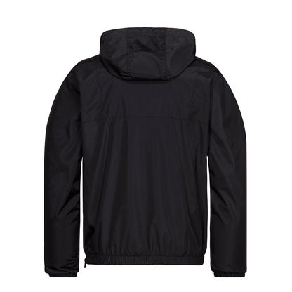 Rückansicht: Schwarzer Rot-Weiss Essen Windbreaker mit Kapuze mit Gummizug und Stopper, Halfzip und seitlichem Zipper, Gummizüge an den Ärmelsäumen, hinten ansonsten schlicht außer Teilungsnähte auf Passe