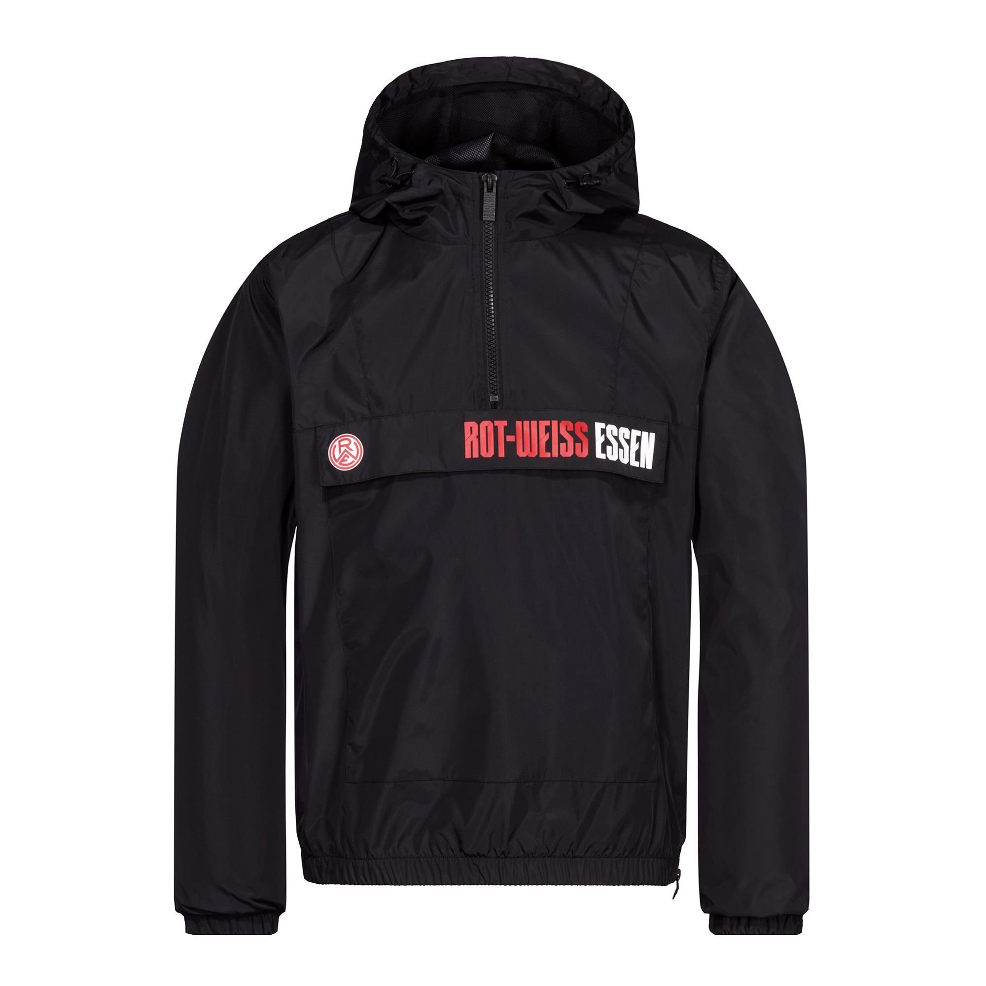 Schwarzer Rot-Weiss Essen Windbreaker mit Kapuze mit Gummizug und Stopper, Halfzip und seitlichem Zipper, großer Klappentasche vor Brust und Bauch, sowie Gummizüge an den Ärmelsäumen